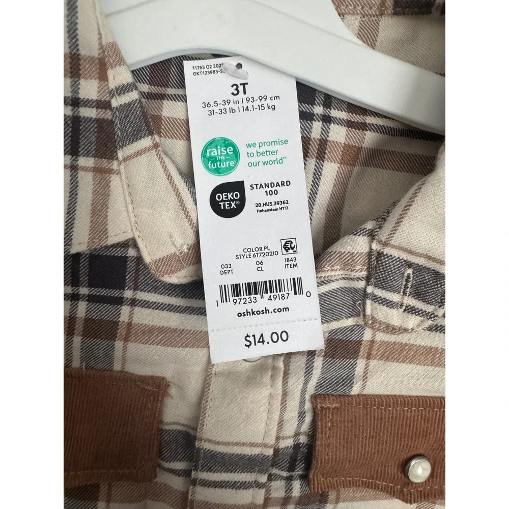 OshKosh Bgosh Toddler Boys Plaid Flannel Snap Button Down Shirt Brown 3T NEW